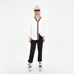 EUC Zara v-neck white blouse w  contrast black white & red striped ribbed trim